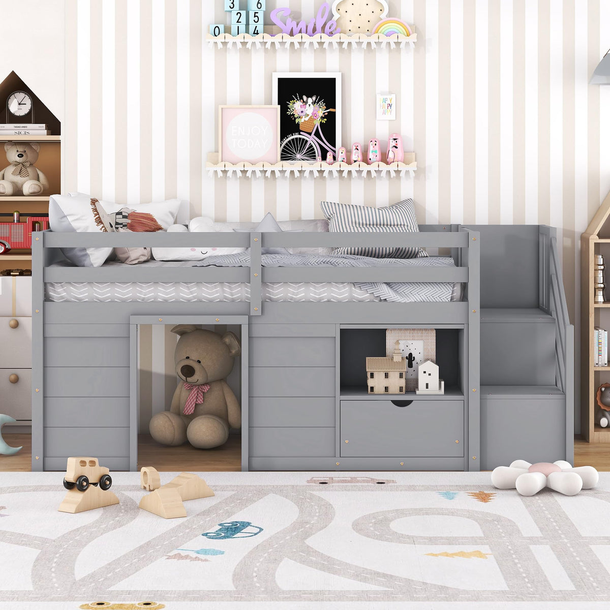 Twin Size Wood Loft Bed with Storage L6236