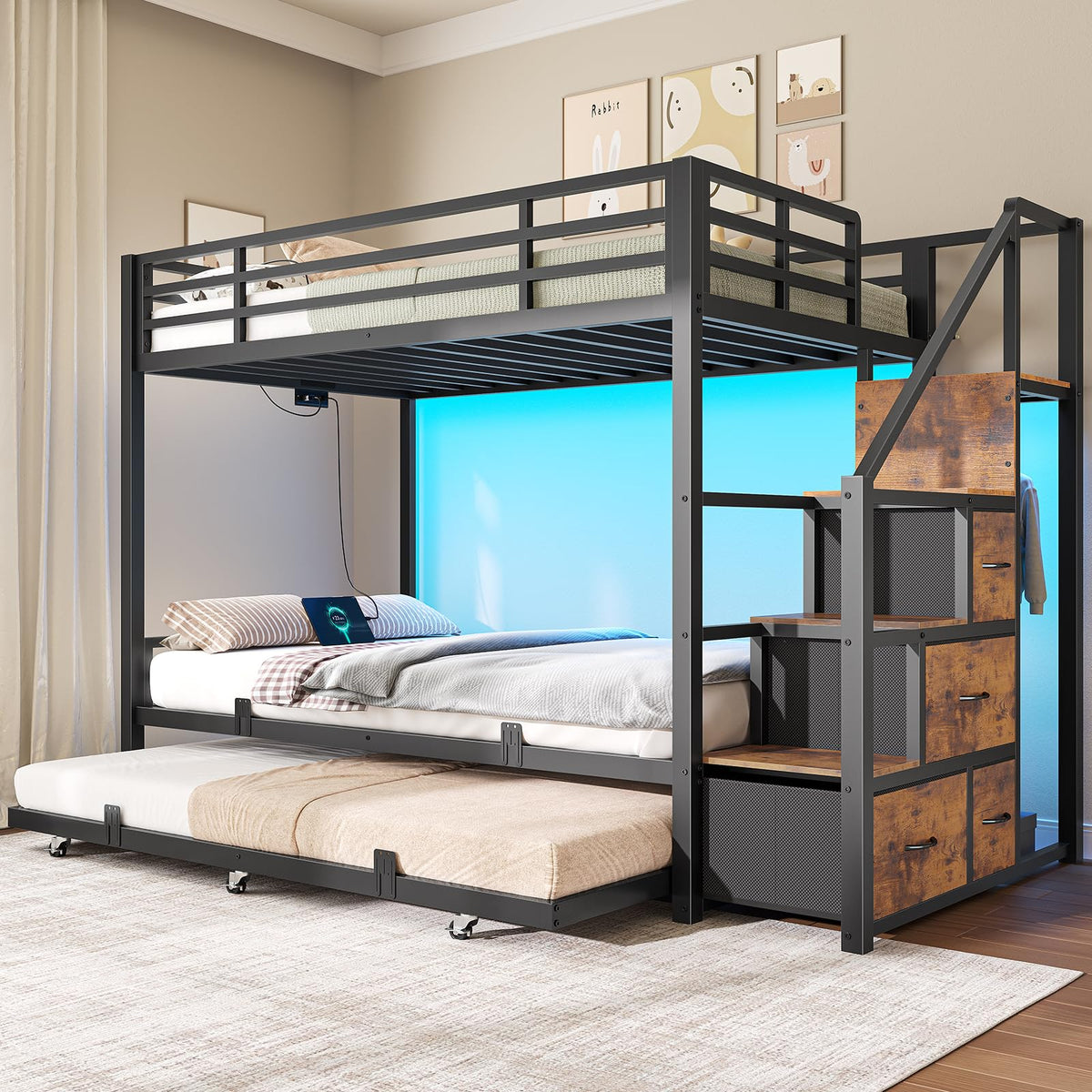 Twin Over Twin Metal Bunk Bed with Trundle and Staircase, Black F59032