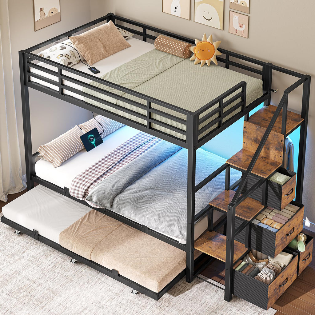Twin Over Twin Metal Bunk Bed with Trundle and Staircase, Black F59032