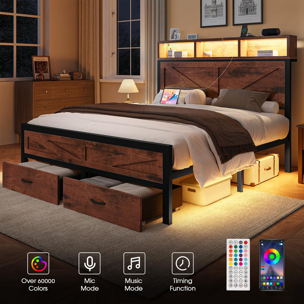 King Size Bed Frame with Storage Drawers and Charging Station B765
