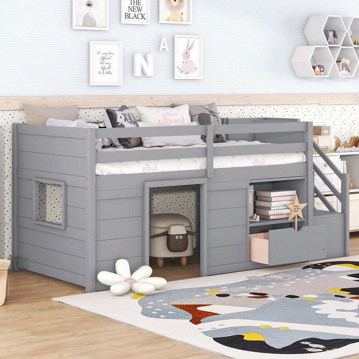 Twin Size Wood Loft Bed with Storage L6236