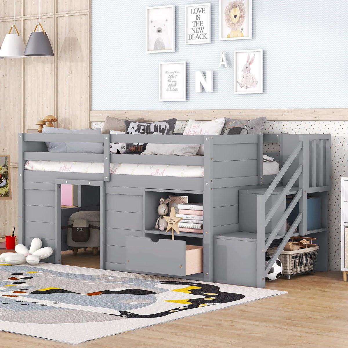 Twin Size Wood Loft Bed with Storage L6236