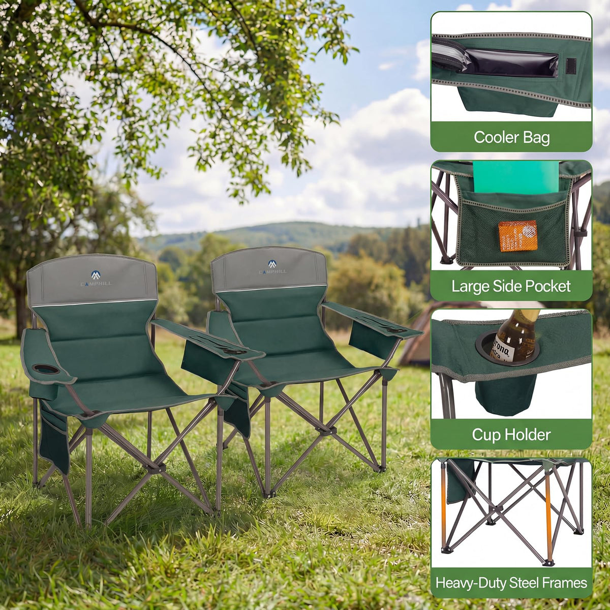 Oversized 2 Pack Heavy Duty Padded Camping Chair with Cooler Bag P411457