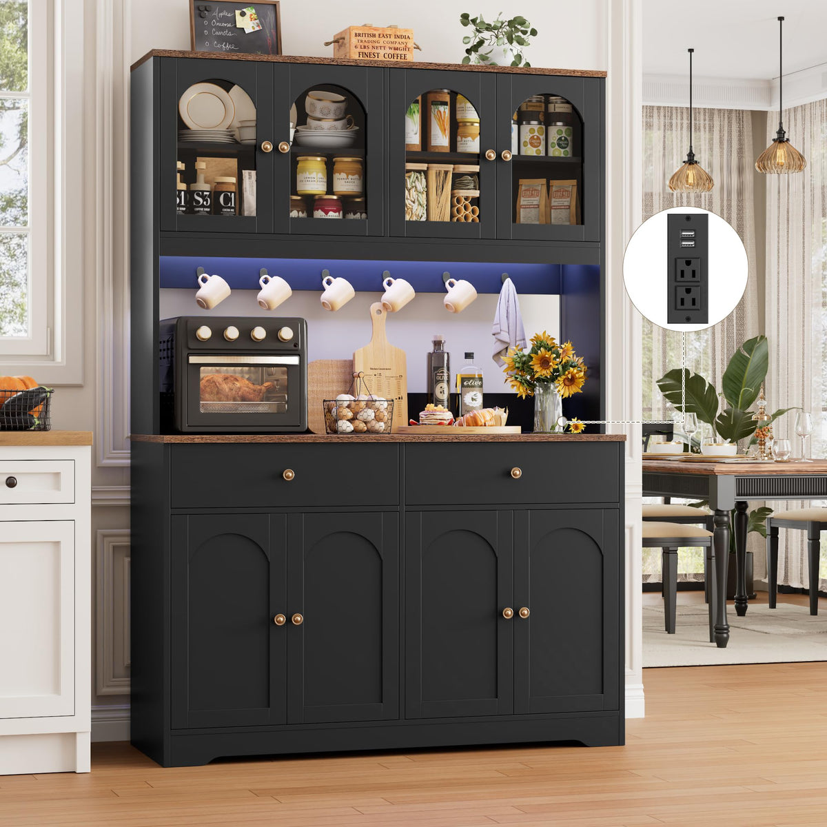 71" Black Kitchen Pantry Cabinet with Power Outlet Y825