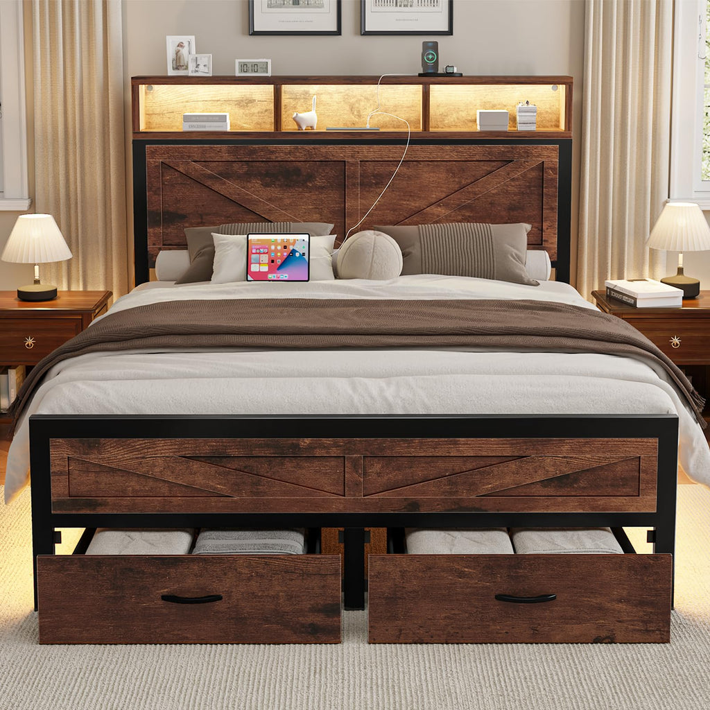 King Size Bed Frame with Storage Drawers and Charging Station B765
