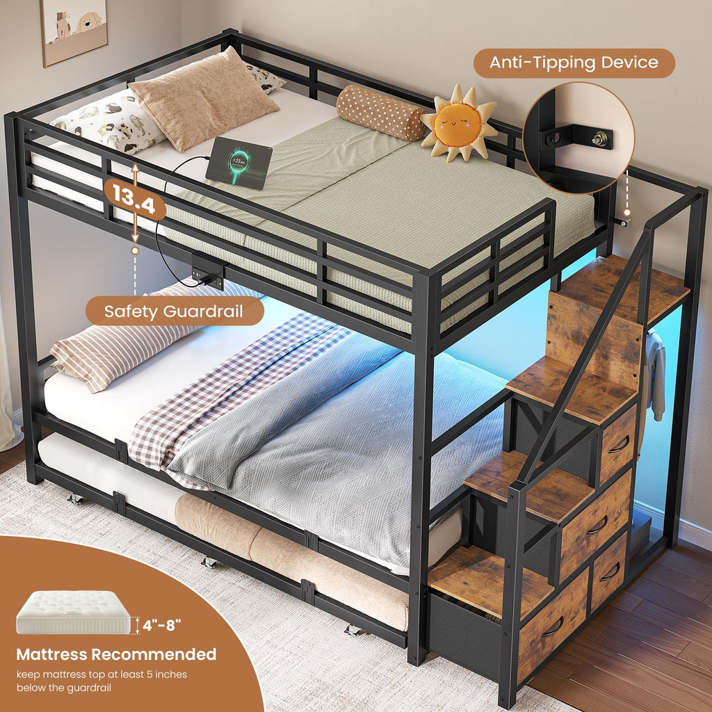 Twin Over Twin Metal Bunk Bed with Trundle and Staircase, Black F59032