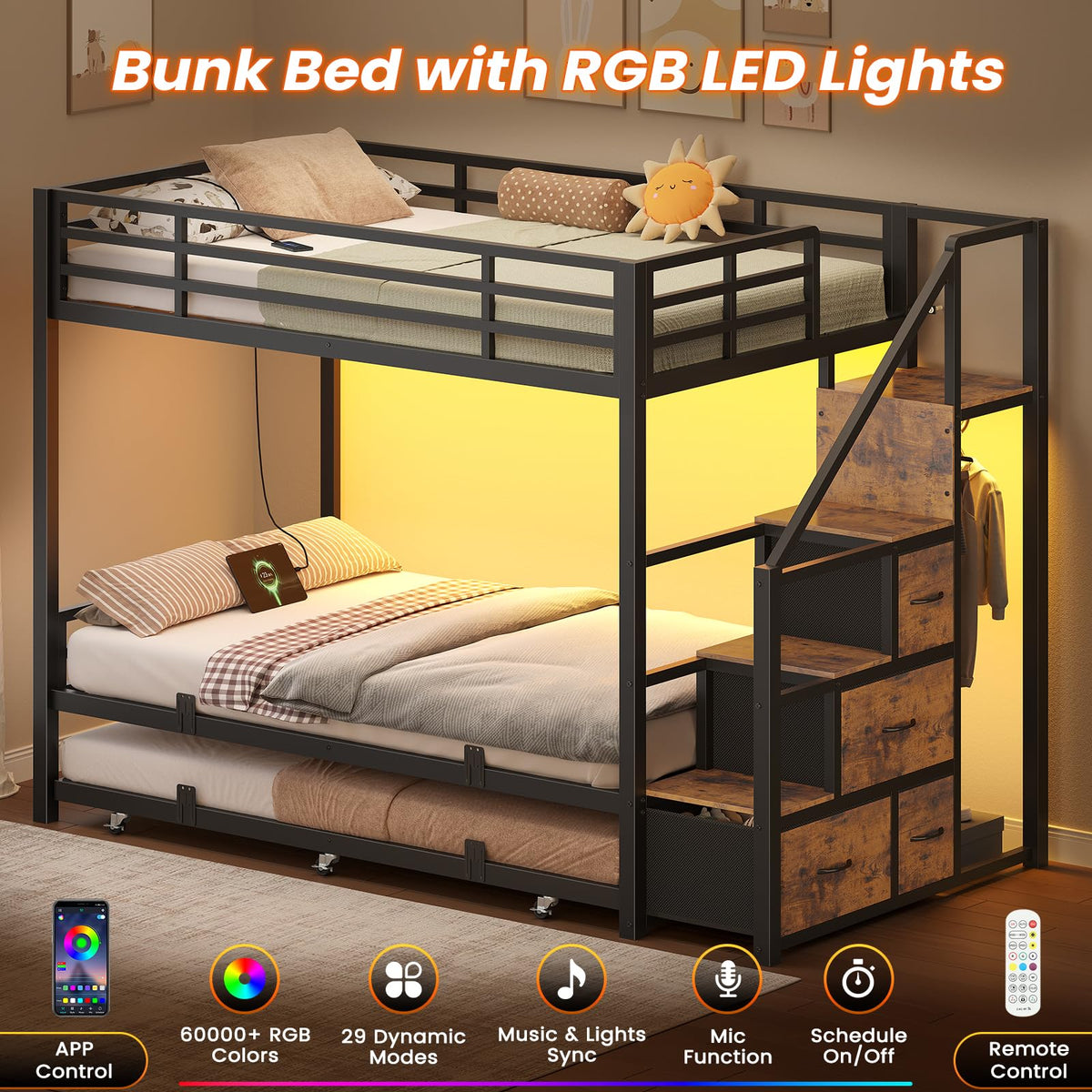 Twin Over Twin Metal Bunk Bed with Trundle and Staircase, Black F59032