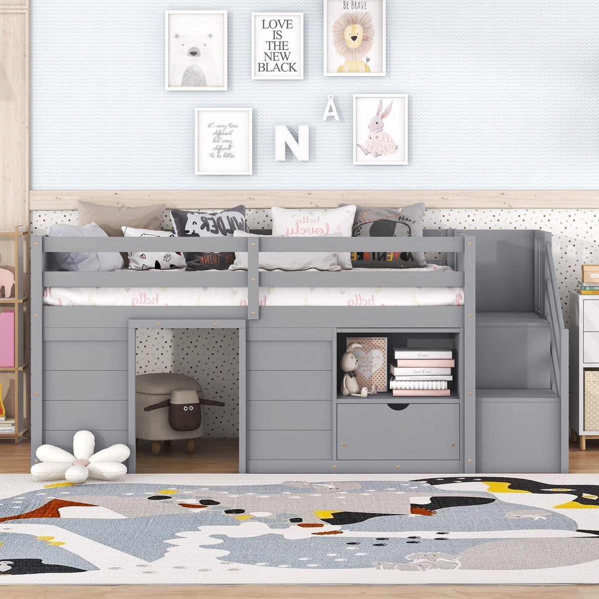 Twin Size Wood Loft Bed with Storage L6236
