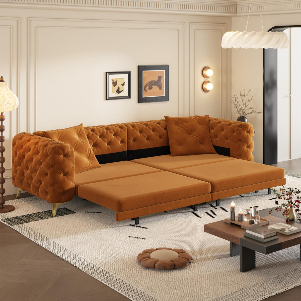 Orange Velvet 4-Seater Convertible Sleeper Sofa with Ottoman F941137