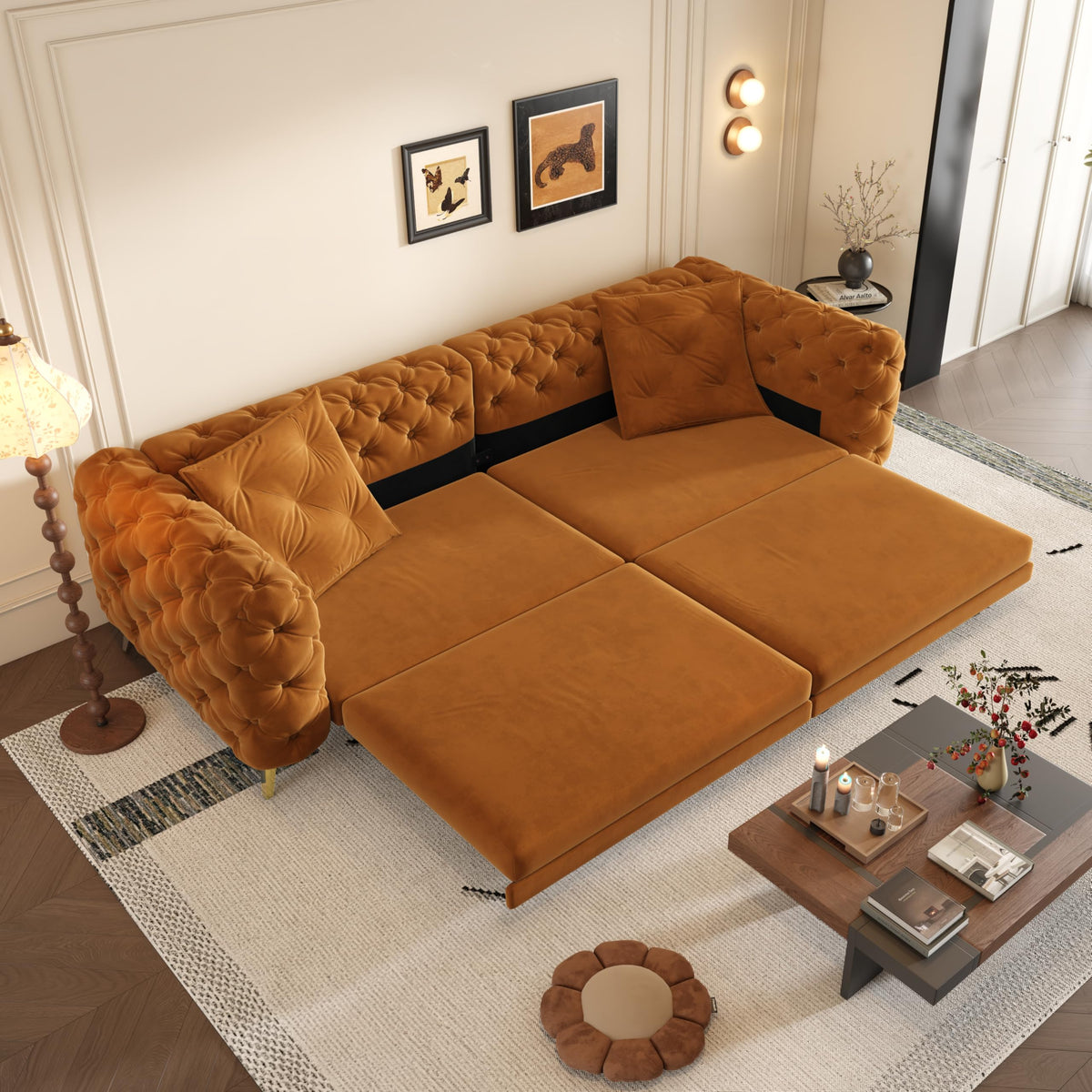Orange Velvet 4-Seater Convertible Sleeper Sofa with Ottoman F941137