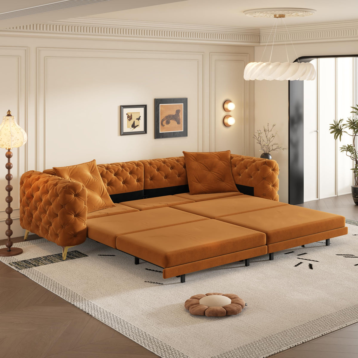 Orange Velvet 4-Seater Convertible Sleeper Sofa with Ottoman F941137
