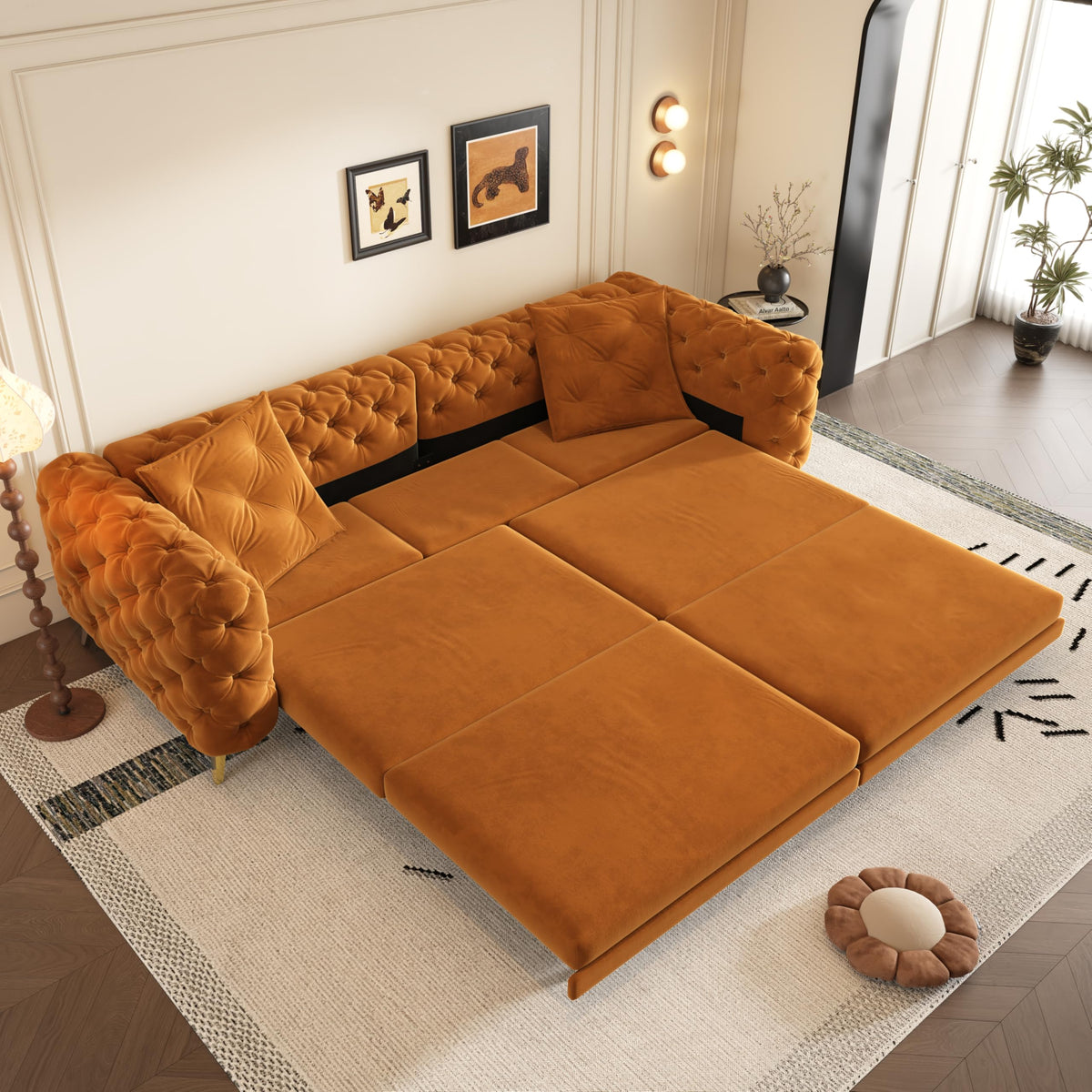 Orange Velvet 4-Seater Convertible Sleeper Sofa with Ottoman F941137