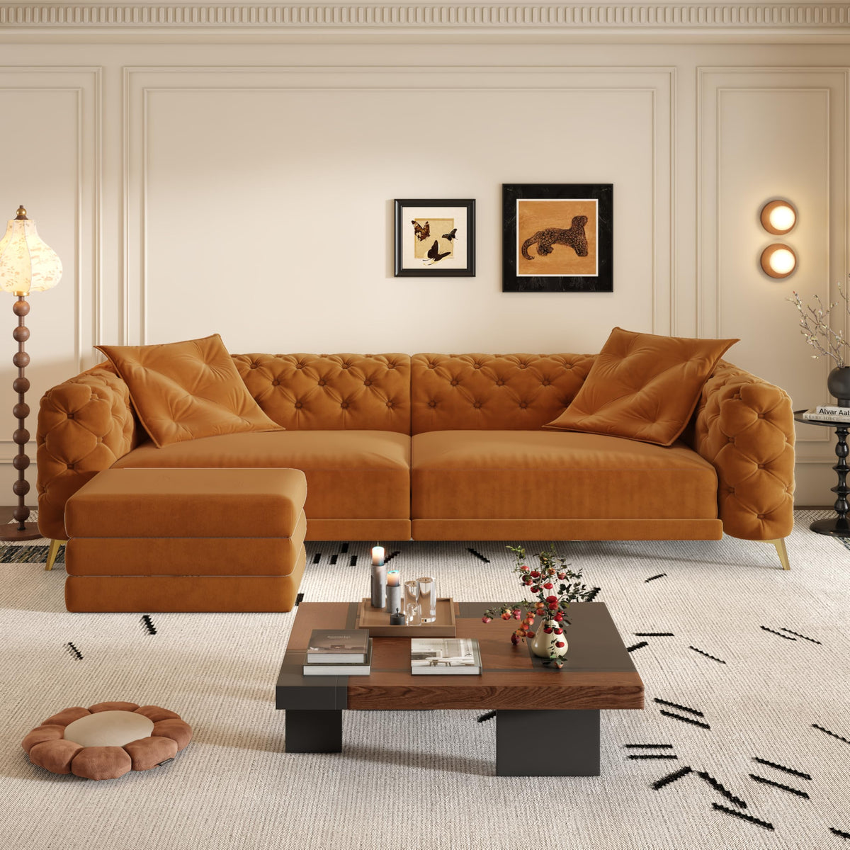 Orange Velvet 4-Seater Convertible Sleeper Sofa with Ottoman F941137